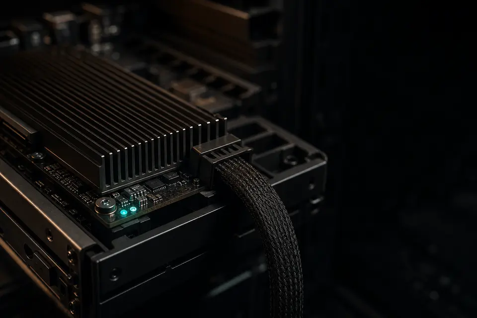 GPU-inference lane illustration showing a heatsink, board, and braided cable